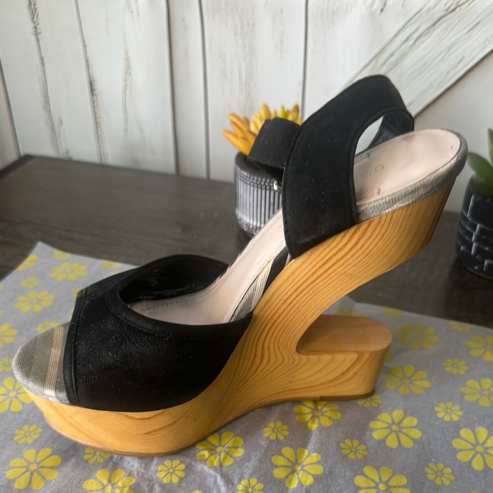 BCBGeneration Black and Tan Wedge Sandals with Sculptural Heel